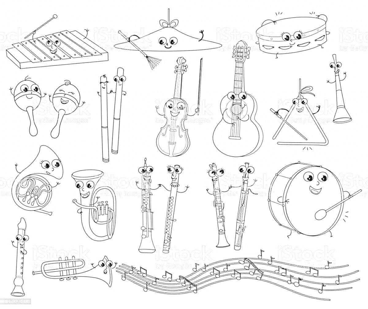 На раскраске изображено: Симфонический оркестр, Музыкальные инструменты, Ксилофон, Маракас, Арфа, Контрабас, Молоток, Скрипка, Гитара, Туба, Валторна, Кларнет, Гобой, Фагот, Флейта, Саксофон, Барабан, Ноты
