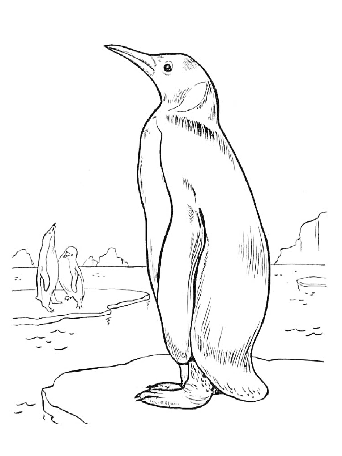 Раскраска Пингвин на льдине с двумя пингвинами на заднем плане