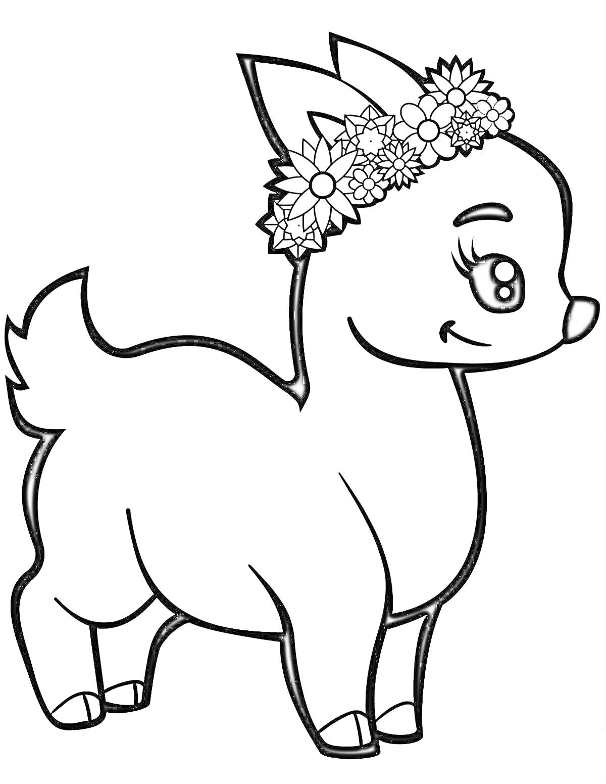 Раскраска Олененок с цветочным венком на голове