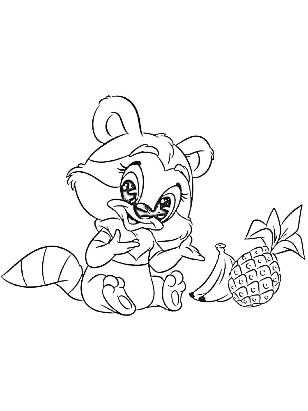 Раскраска Крошка енот с бананами и ананасом