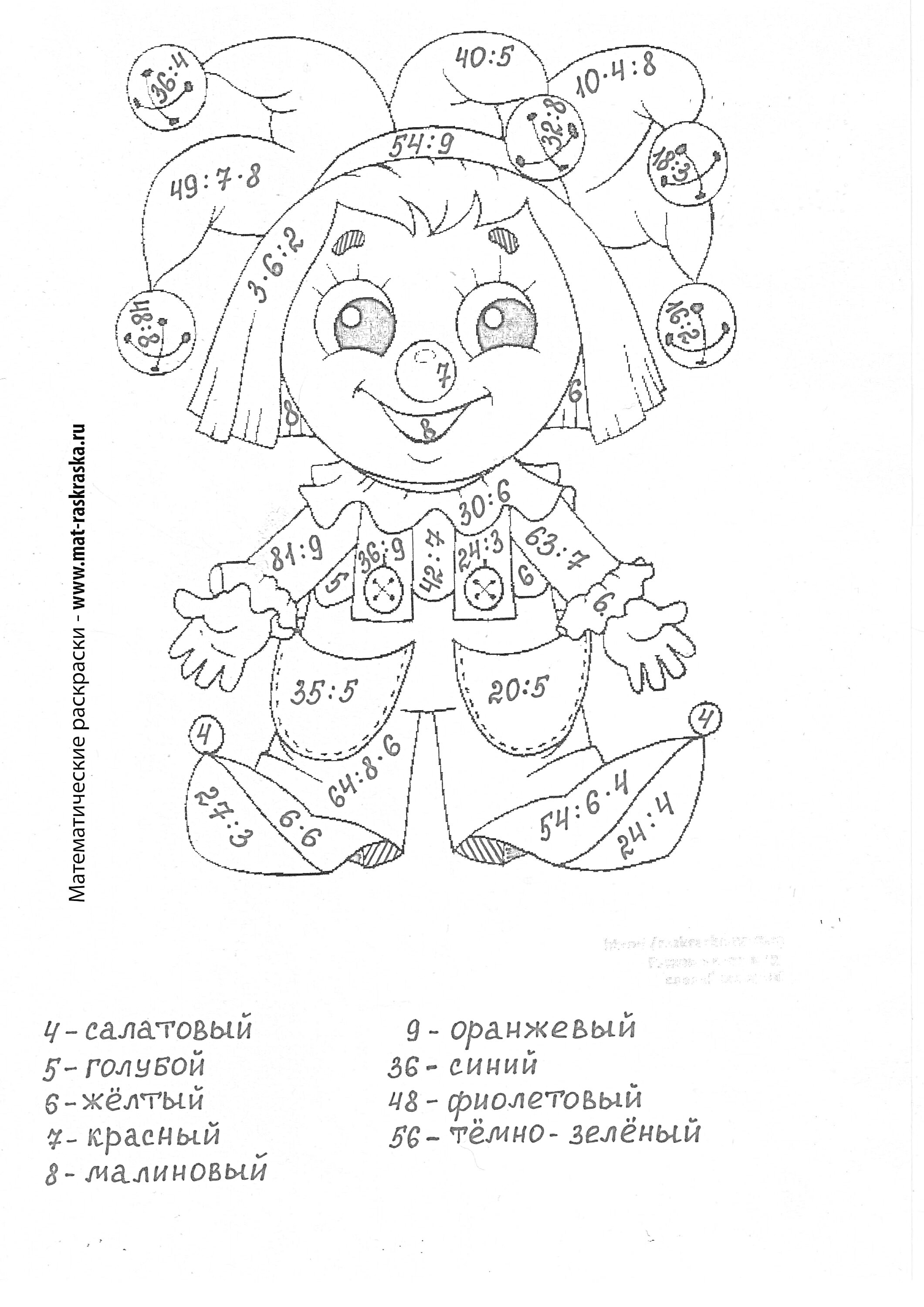 Раскраска Раскраска клоуна с примерами таблицы умножения и деления для 3 класса