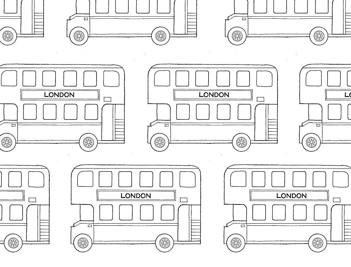 На раскраске изображено: Автобус, Двухэтажный автобус, Лондон, Транспорт, Творчество, Городской транспорт