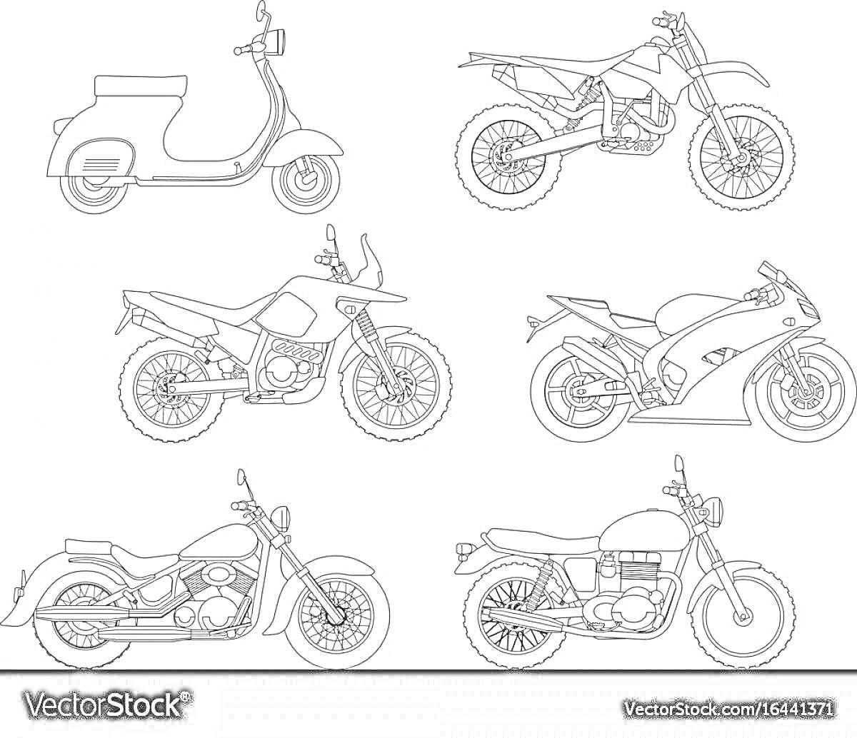 Раскраска Раскраска с шестью изображениями различных мотоциклов, включая скутер, кроссовый мотоцикл, спортивный мотоцикл, дорожный мотоцикл и два классических мотоцикла.