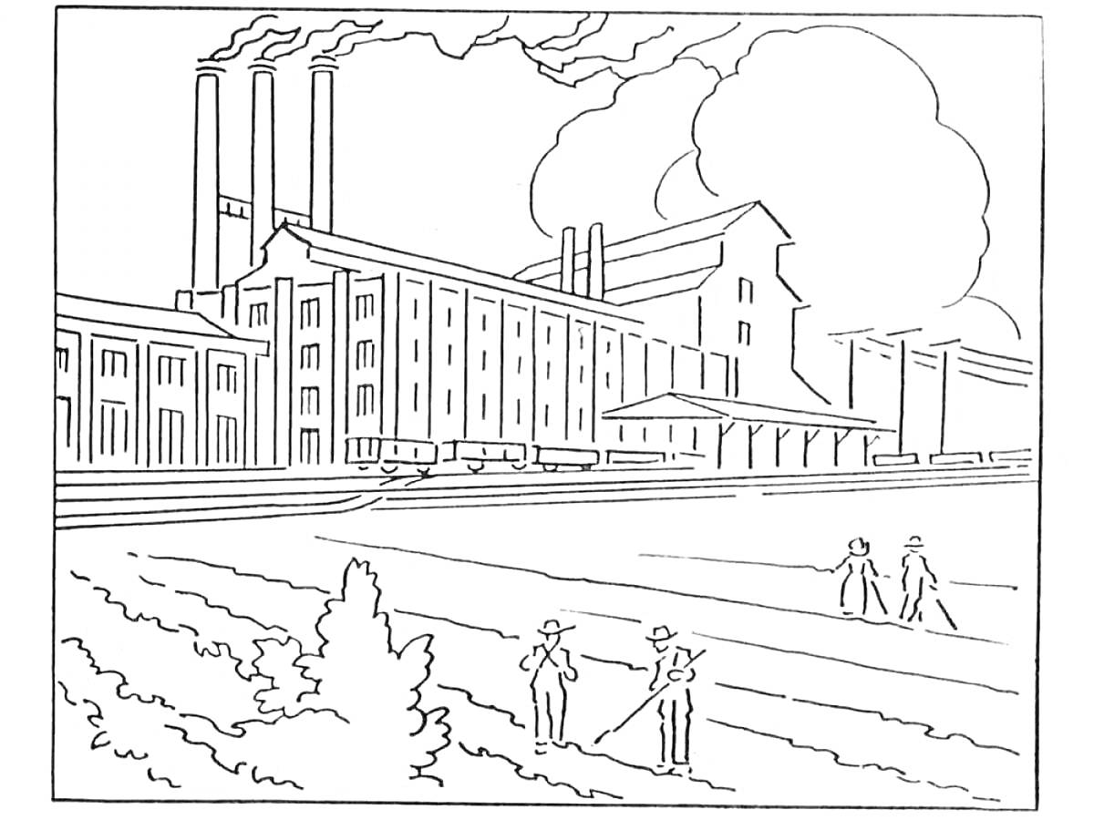 На раскраске изображено: Завод, Дым, Вагоны, Кусты, Промышленность, Строение, Железная дорога