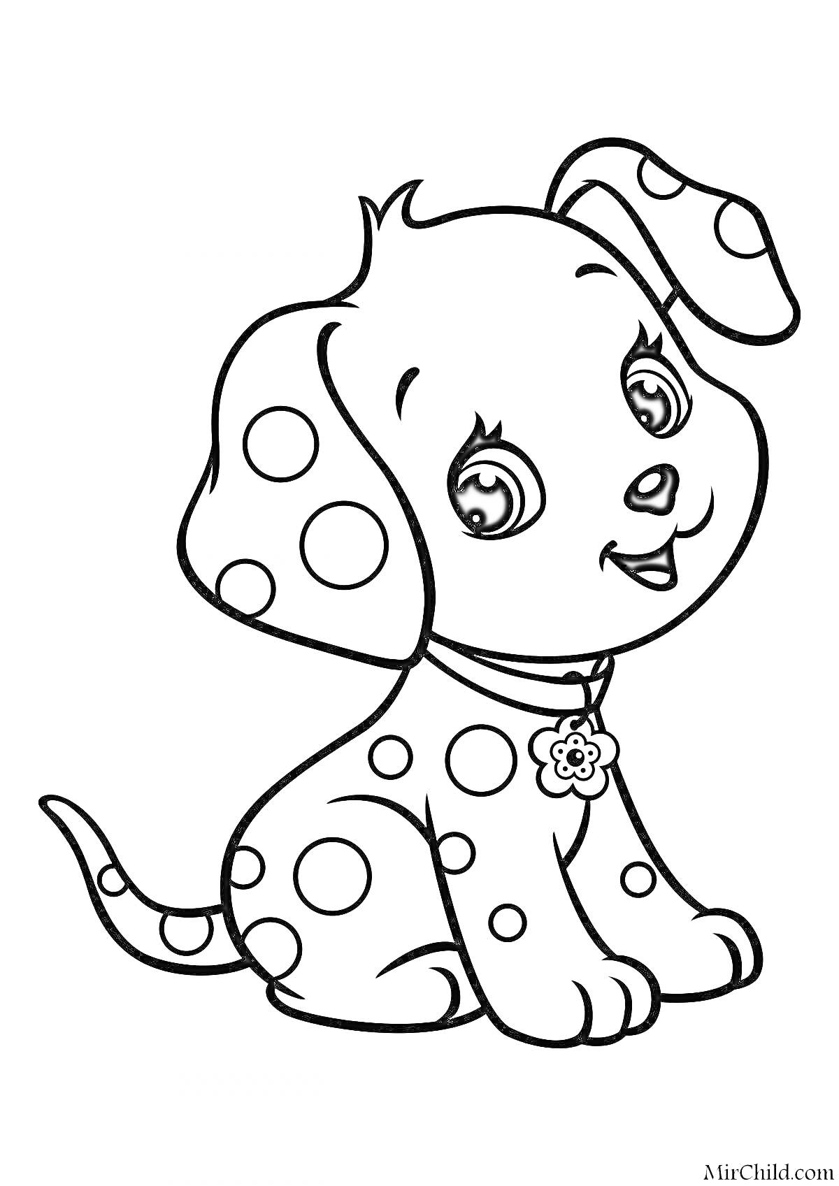 Раскраска Раскраска с изображением милого щенка в ошейнике с цветочной подвеской и пятнами по всему телу