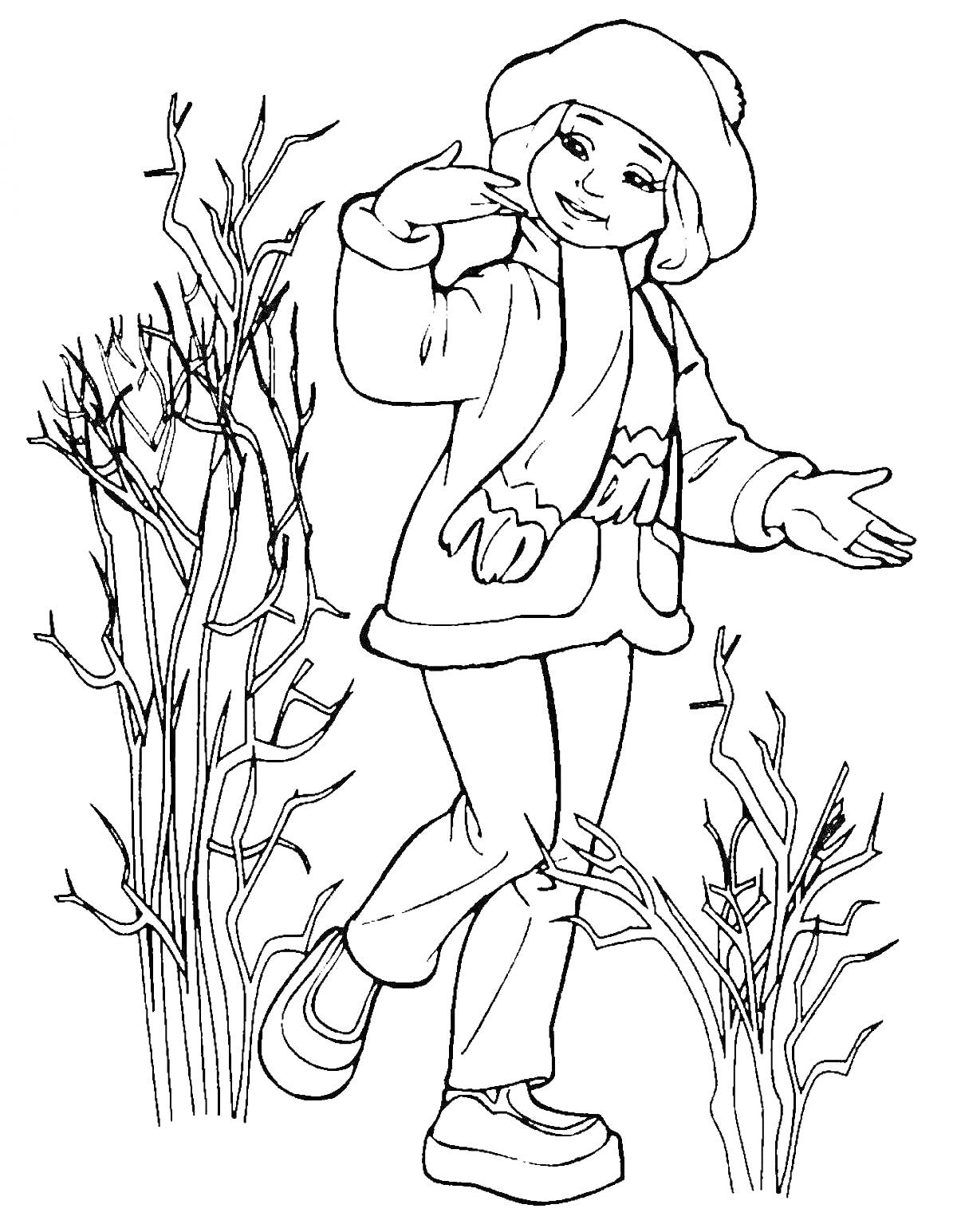 Раскраска Девочка в весенней одежде среди деревьев с почками