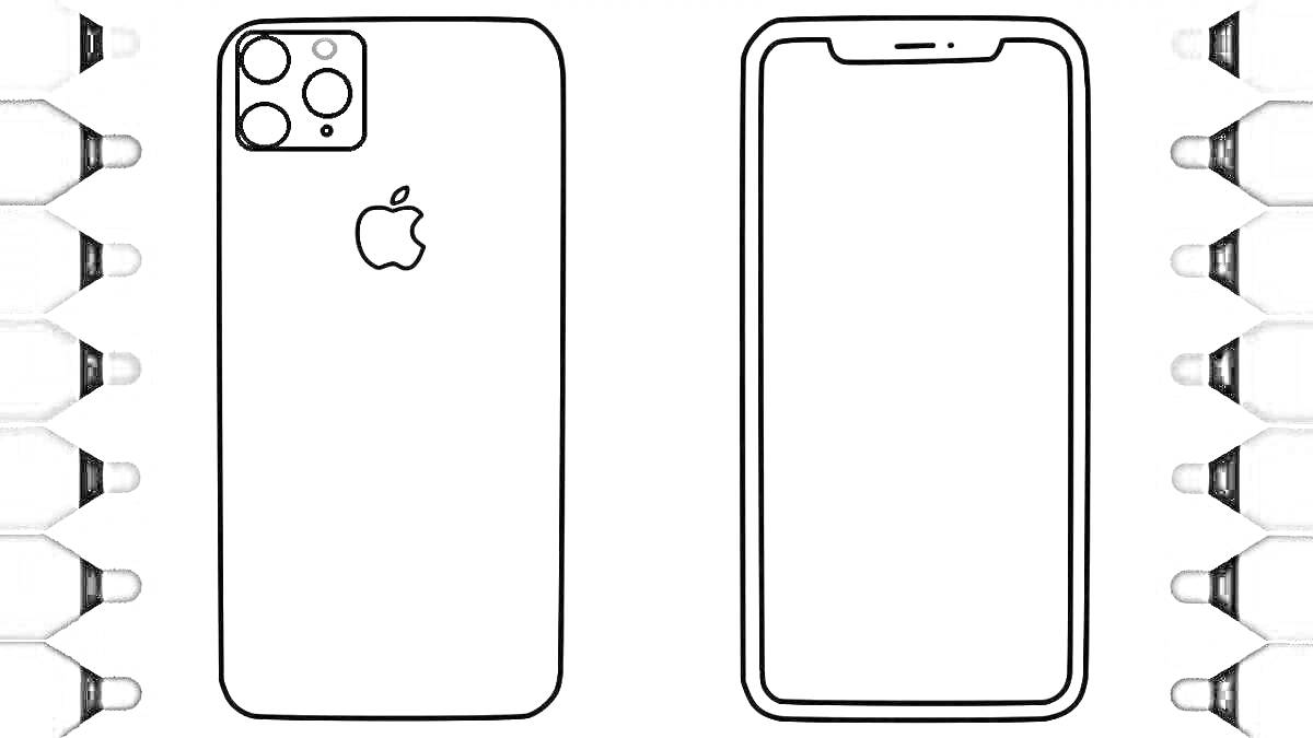 Контурная раскраска Iphone с мыльтикамерами на задней панели и экраном спереди