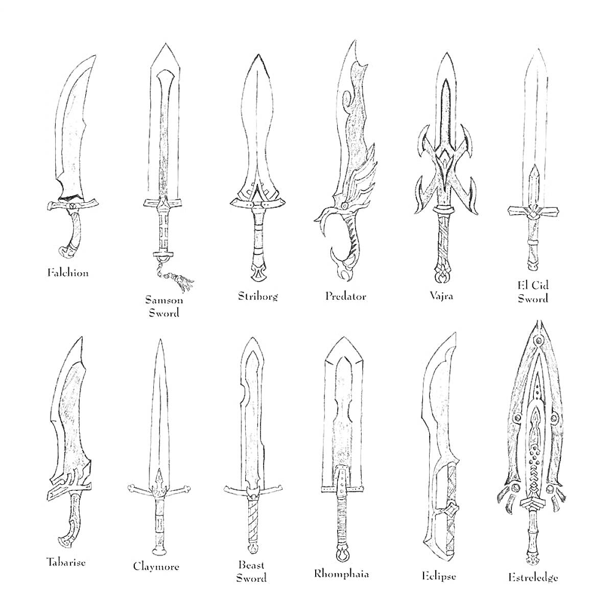 Раскраска Разные виды клинков: фальшион, баронский меч, синдбад, фентон, вакра, старый меч, талониус, клеовер, проклятый меч, монолитный меч, затмение, инферноид