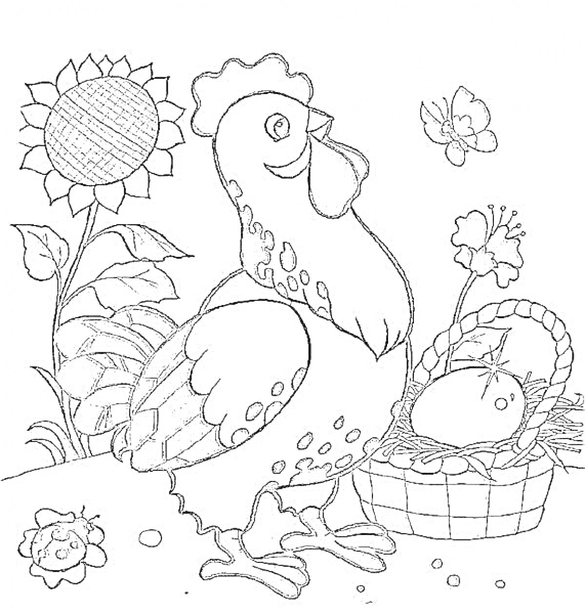 На раскраске изображено: Курочка Ряба, Корзина, Золотое яйцо, Бабочка, Для детей 3-4 лет