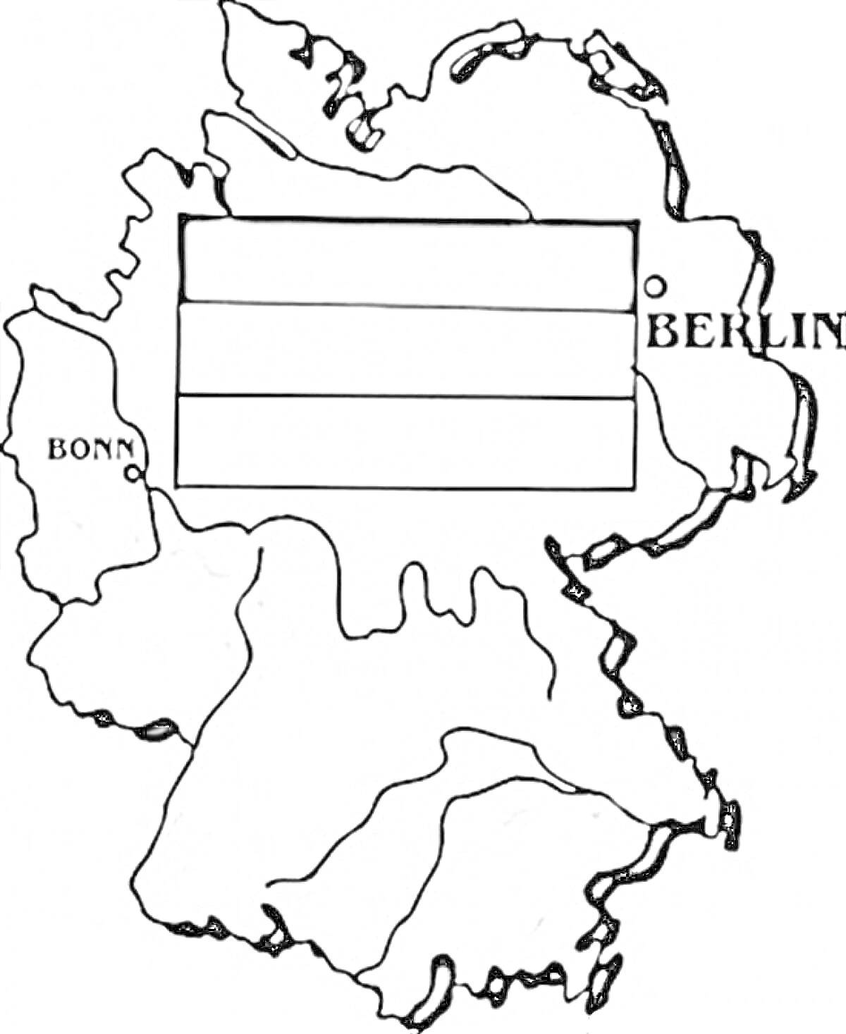 Раскраска Карта Германии с указанием флагов Берлина и Бонна