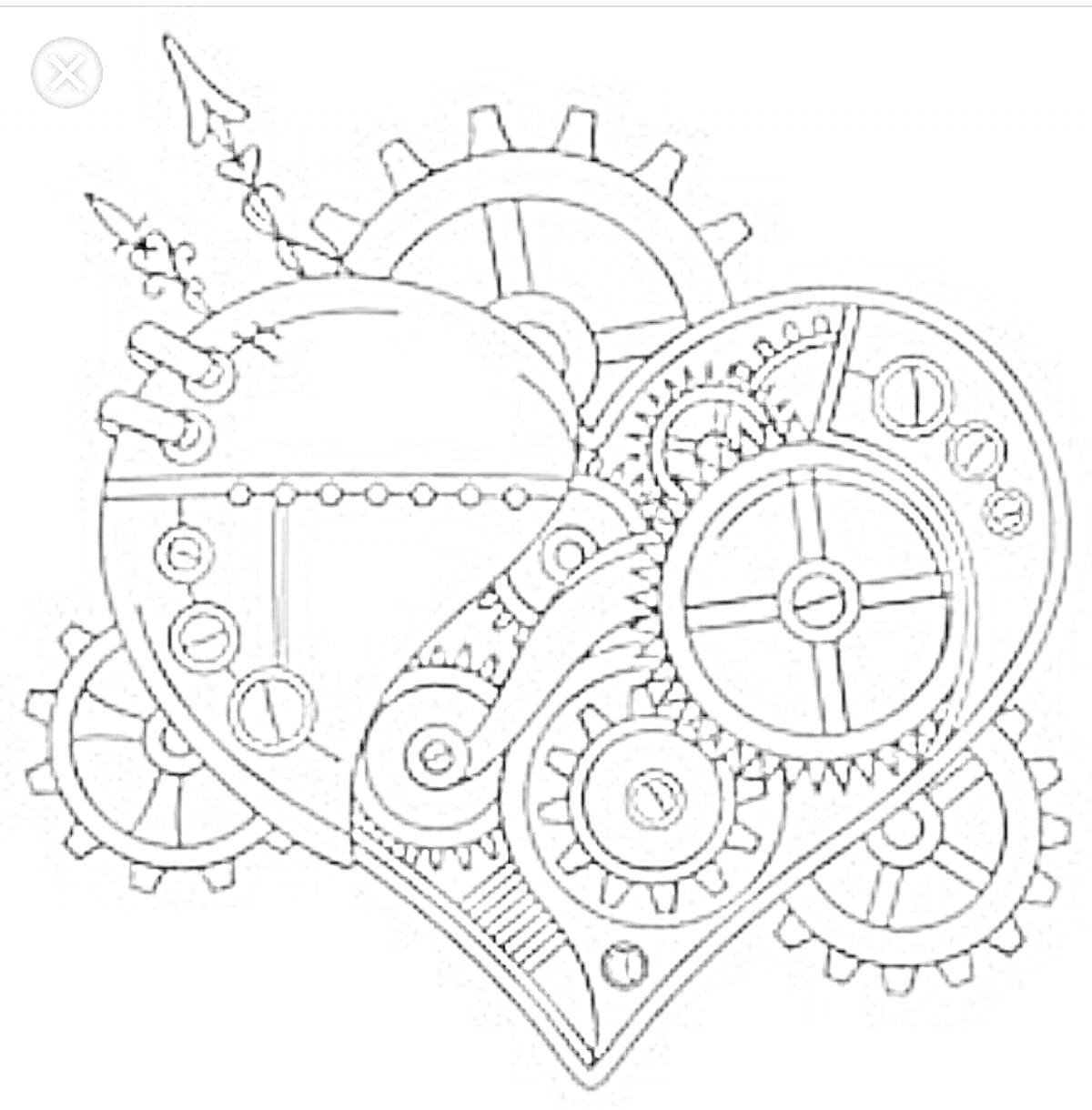 Раскраска Сердце с механизмами, включающими шестеренки, стрелы, трубки и болты