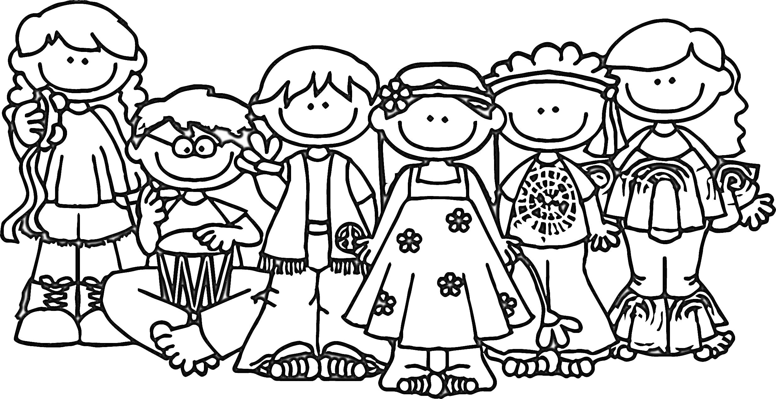 На раскраске изображено: Дружба, Группа, Улыбка, Барабан, Очки, Цветы, Повязка на голове, Шляпа, Бабочка, Цветочный узор, Для детей, Девочка, Мальчик, Бусины