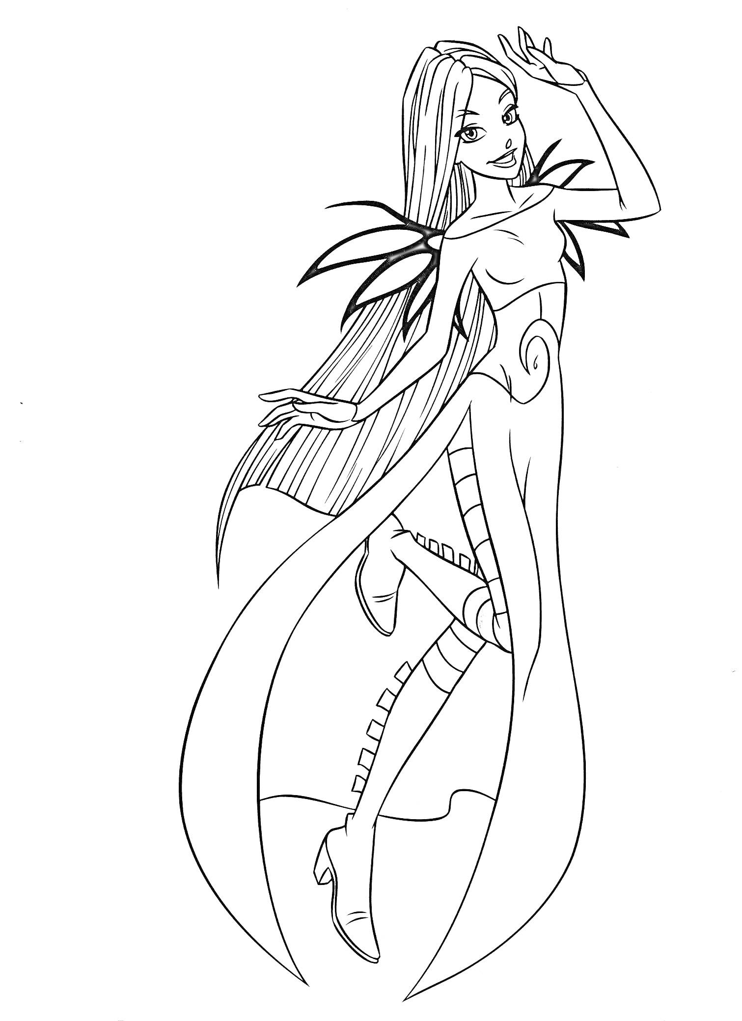 Раскраска Чародейка с длинными волосами и крыльями, одетая в длинное платье и сапоги