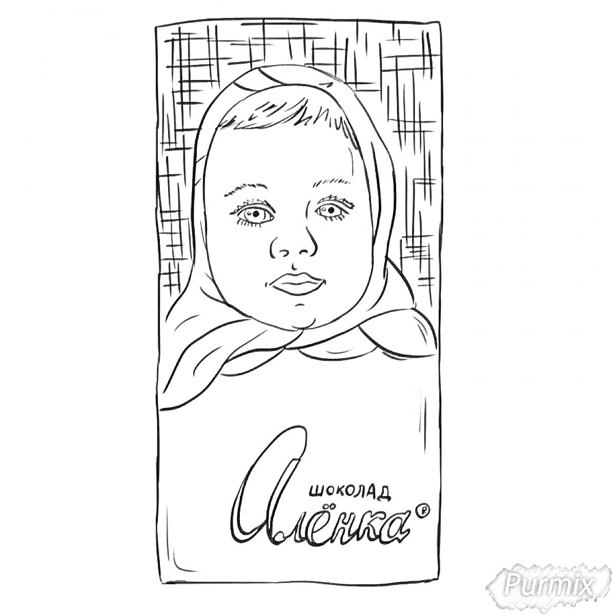 Раскраска Плитка шоколада с изображением ребенка в платочке и надписью 