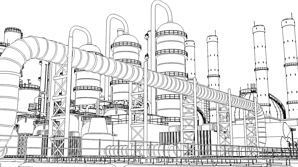 Завод с трубами, резервуарами, конструкциями и дымоходами