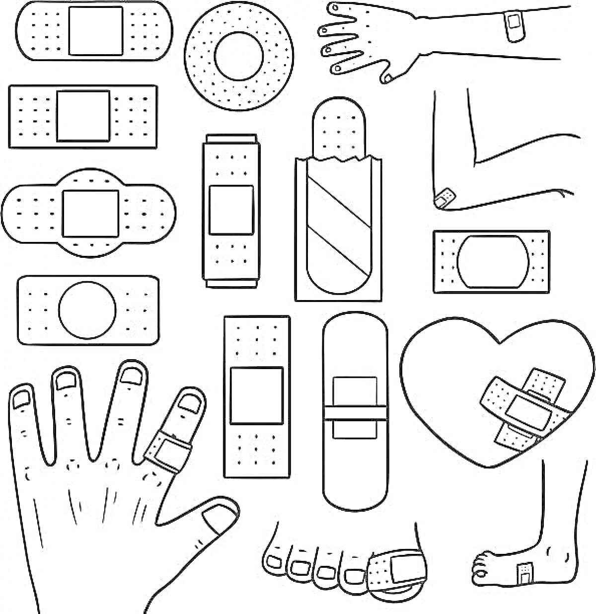 Раскраска Пластыри на теле (рука, нога, пальцы), различные формы и дизайны пластырей, целое сердечко с пластырами