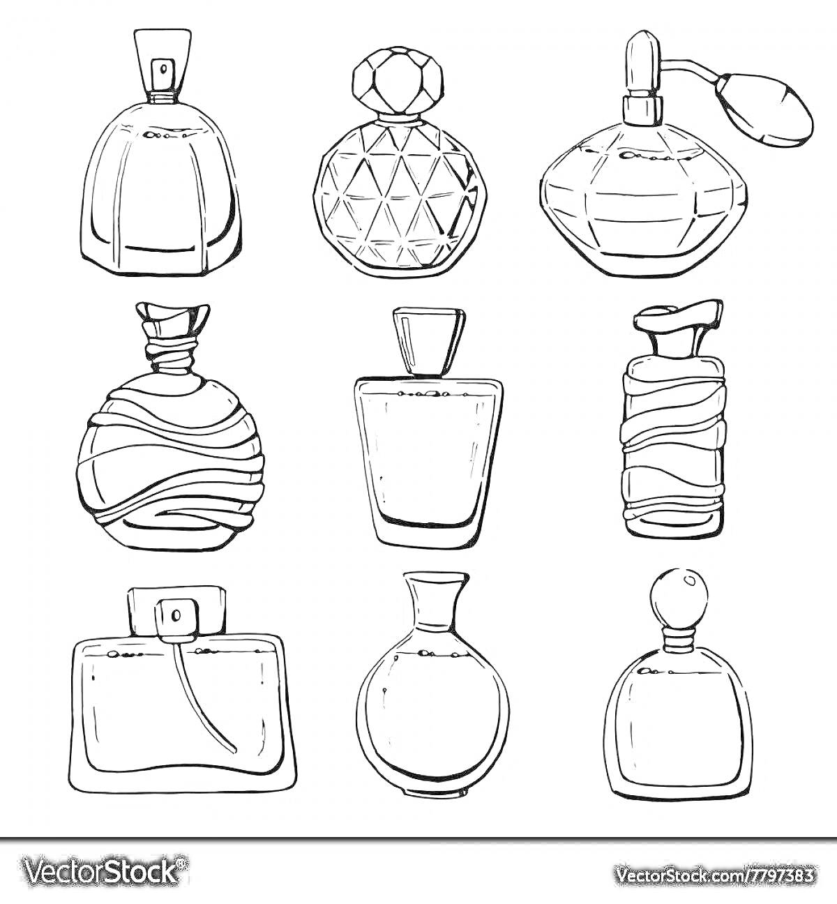 Раскраска раскраска с девятью различными флаконами духов