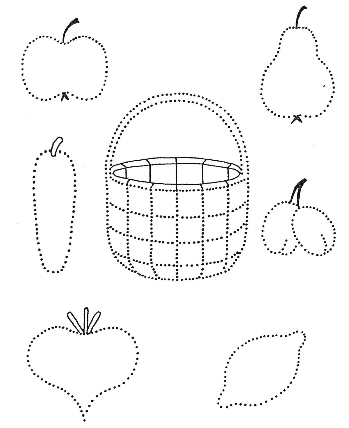На раскраске изображено: Для детей, Развитие мелкой моторики, Яблоко, Морковь, Корзина, Вишня, Клубника, Лимон, Рисование по точкам