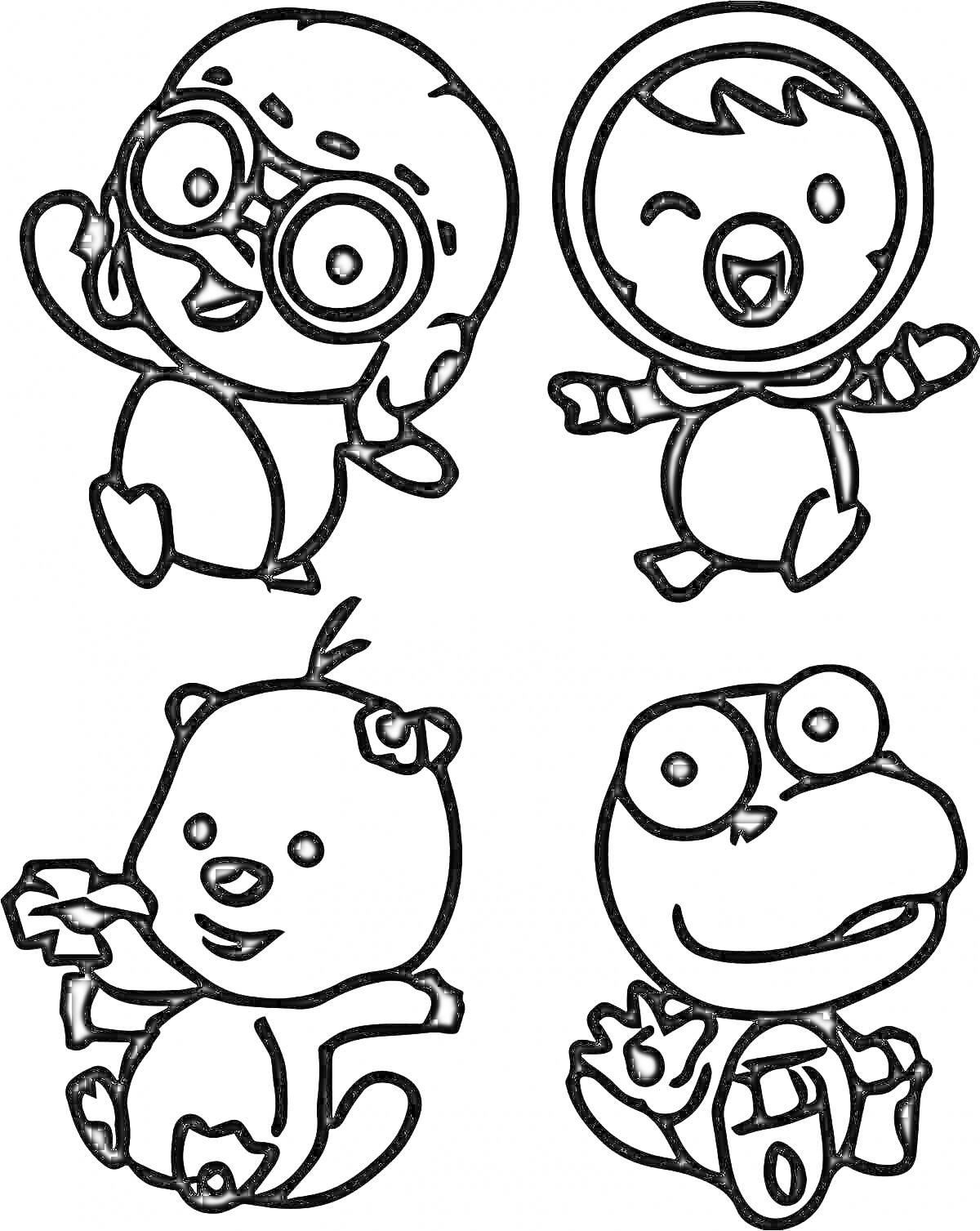 Раскраска Раскраска с персонажами мультфильма: Дуда и Дада - Дуда в очках, Дуда в шлеме, медвежонок, зеленый лягушонок.