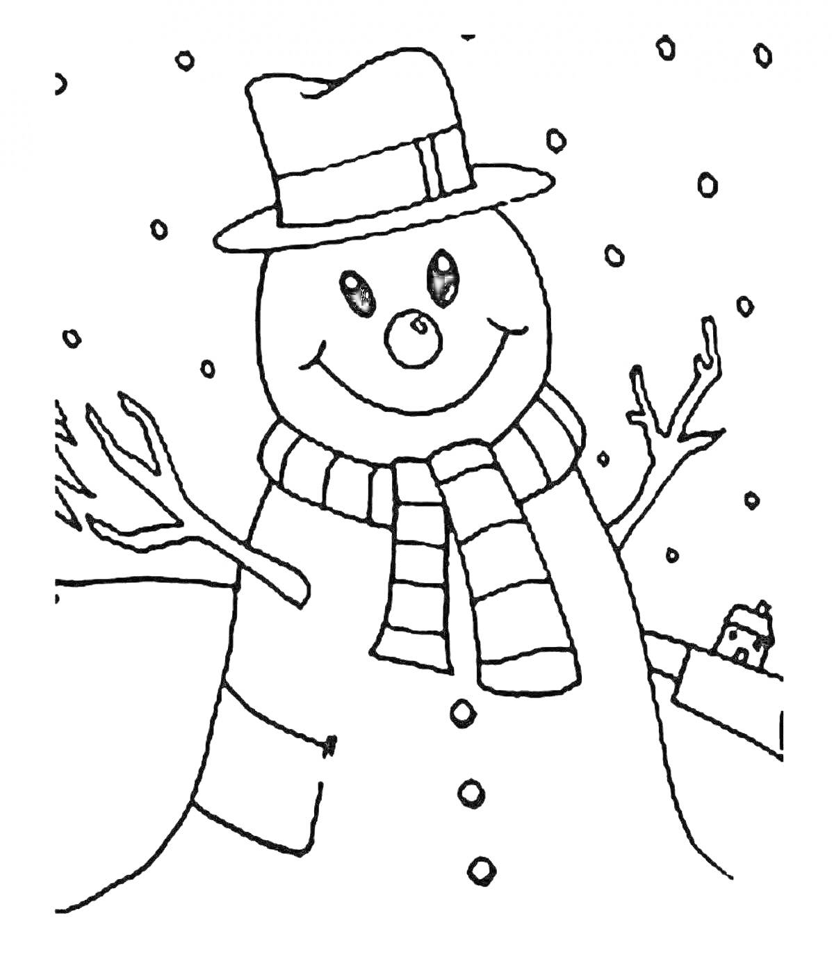 Раскраска Снежная баба с шарфом и шляпой, снег, кирпичное здание на заднем плане