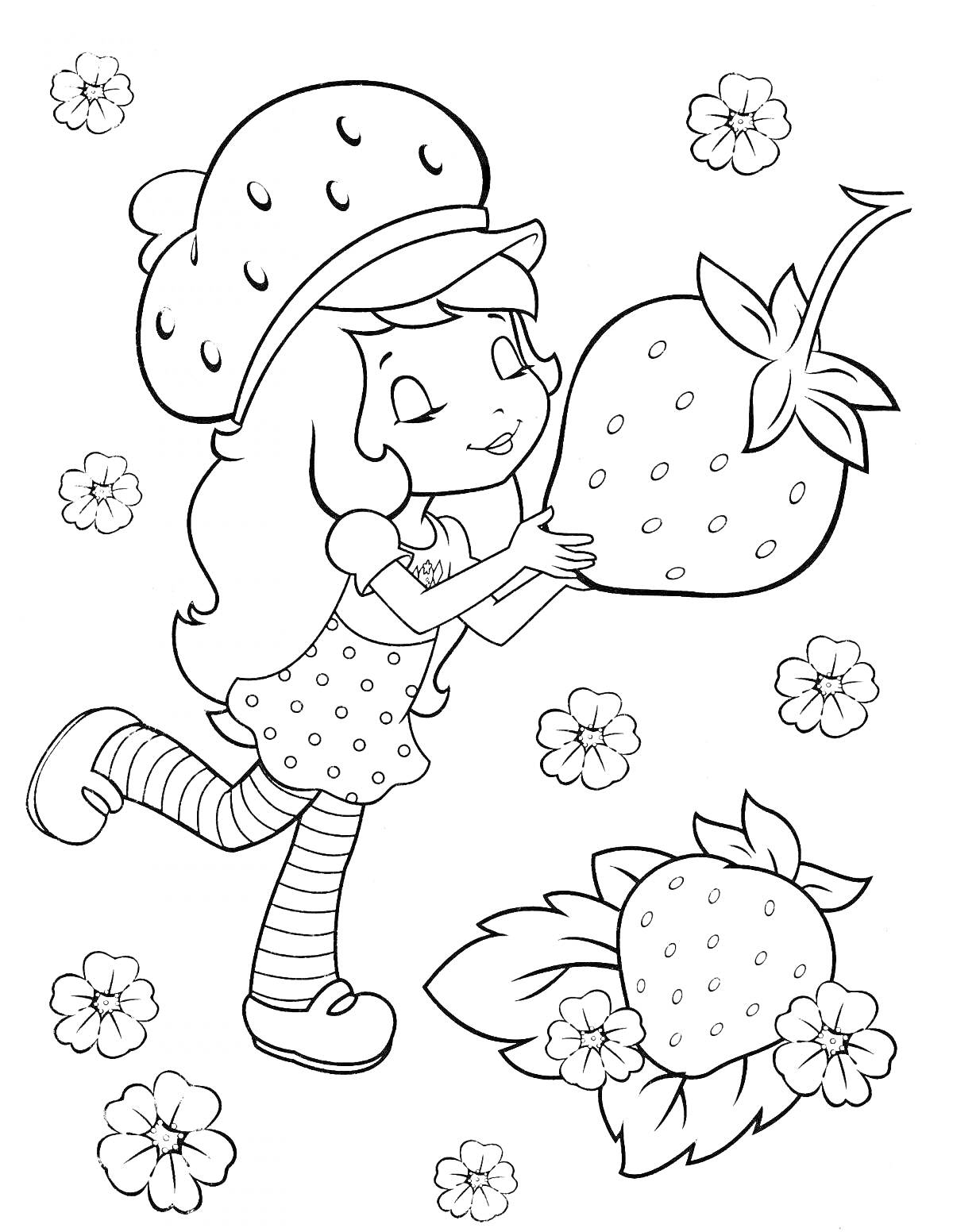 Раскраска Девочка с клубникой и цветами