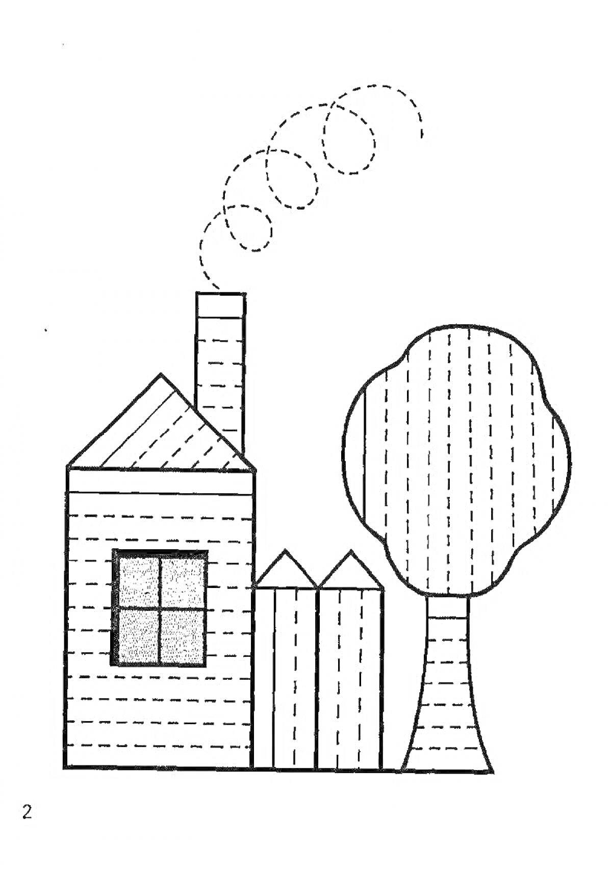 Раскраска Дом с забором, деревом и дымом из трубы
