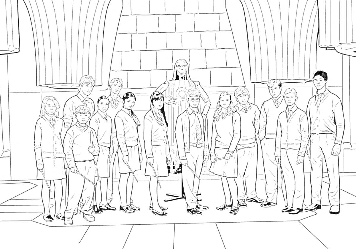 Раскраска Группа персонажей Гарри Поттера в каменном зале
