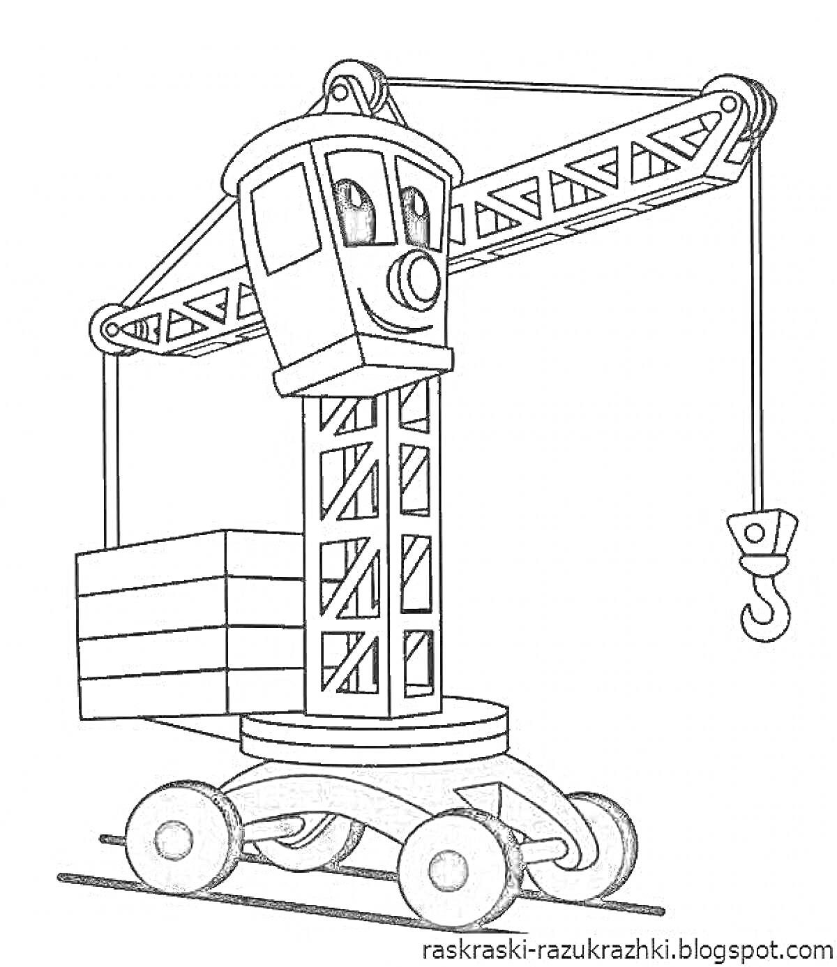 Раскраска Подъемный кран с крюком, стропами и грузом, монтаж и строительство