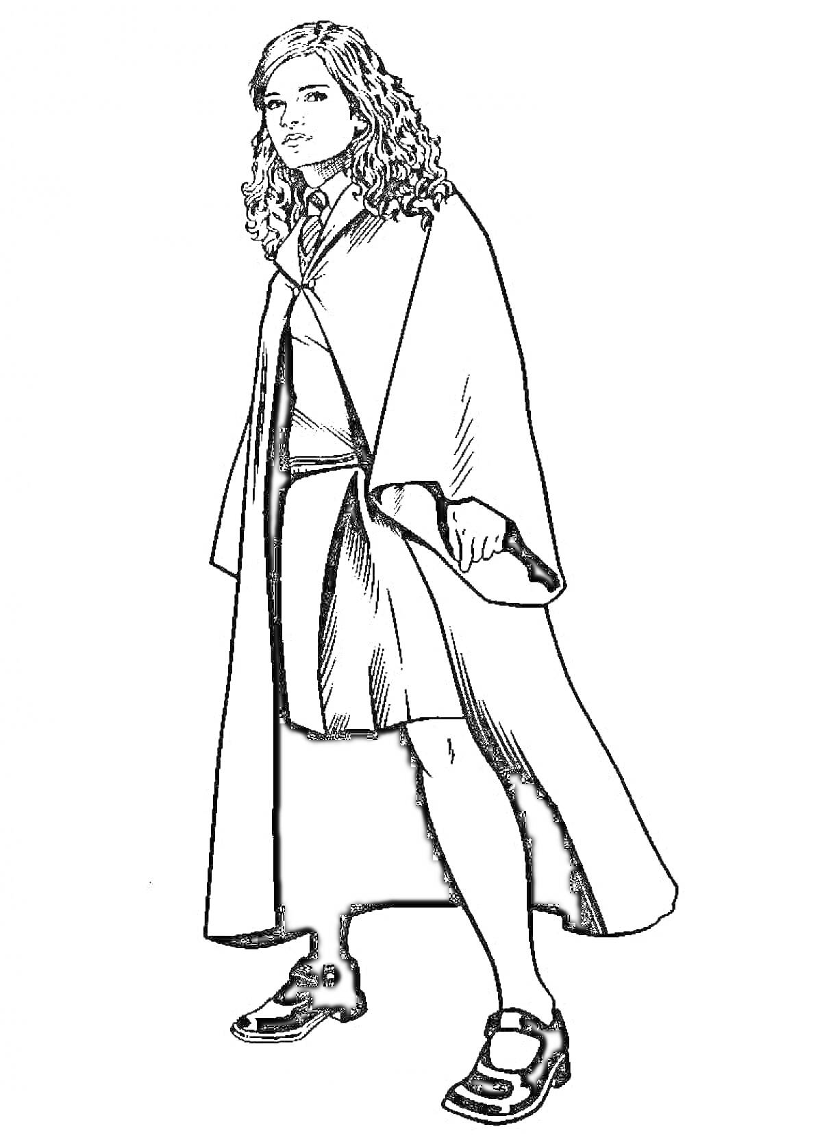 Раскраска Девочка с длинными кудрявыми волосами в мантии, школьной форме и туфлях, идет с задумчивым взглядом