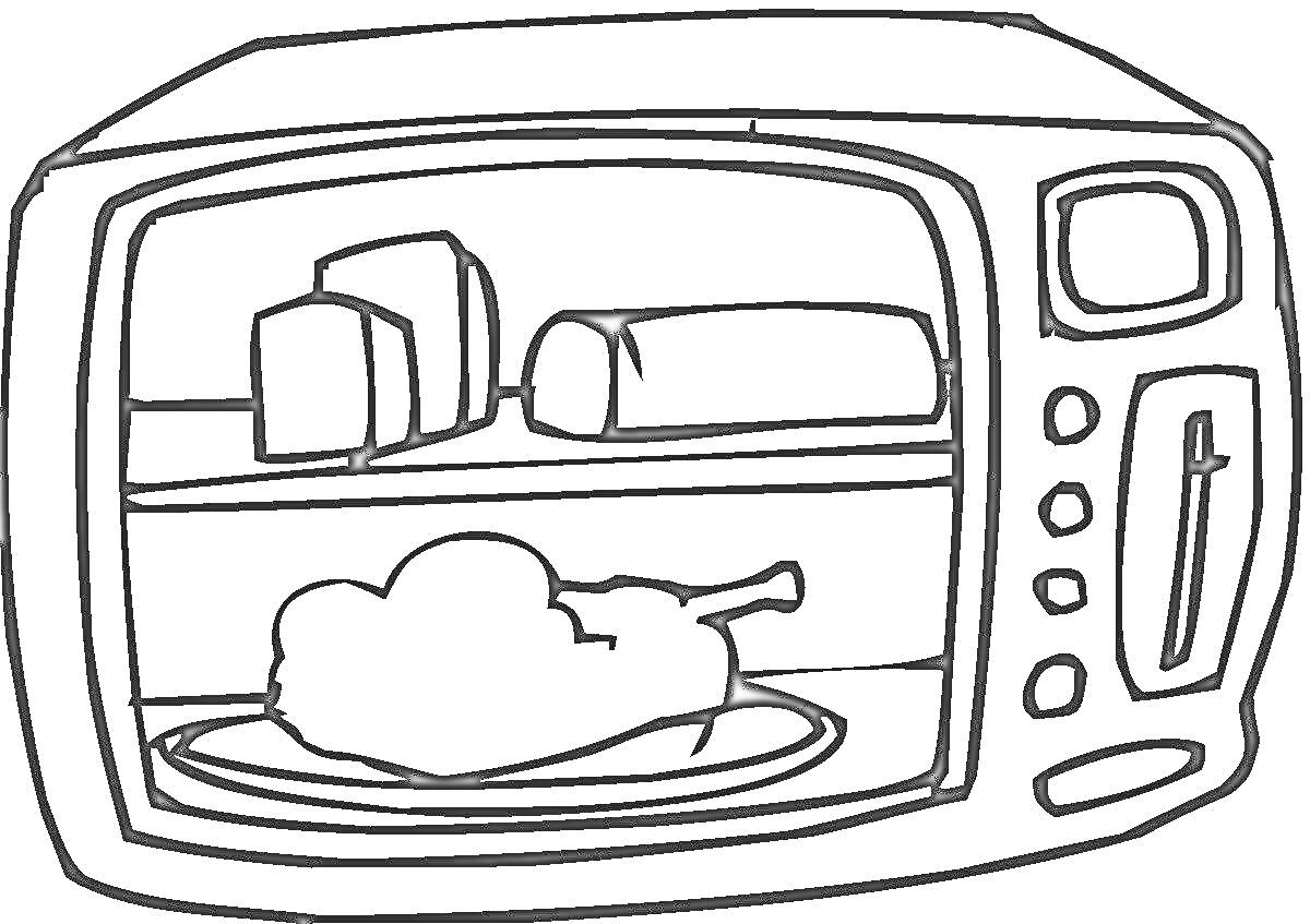 На раскраске изображено: Микроволновая печь, Еда, Сыр, Колбаса, Кухня, Курицы, Электроприборы