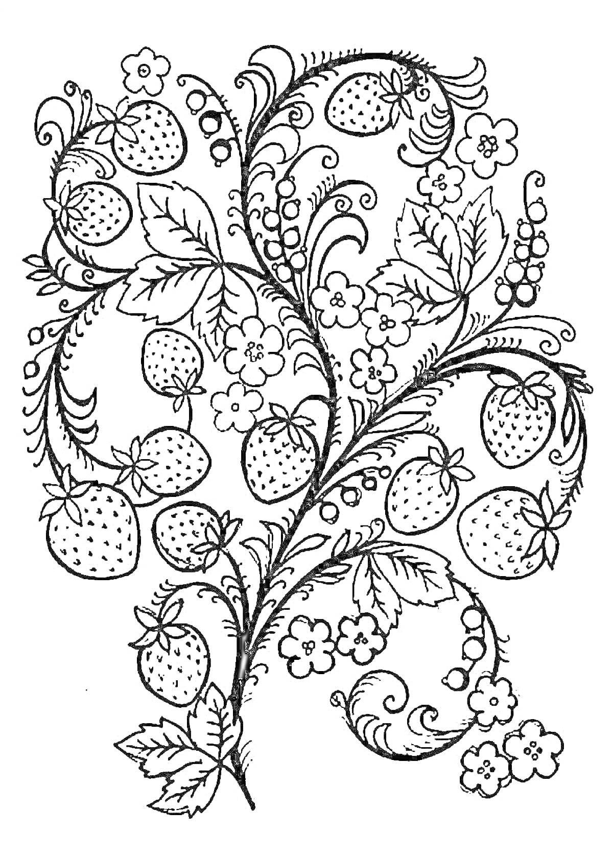 На раскраске изображено: Хохлома, Роспись, Клубника, Цветы, Листья, Традиционное искусство, Узоры