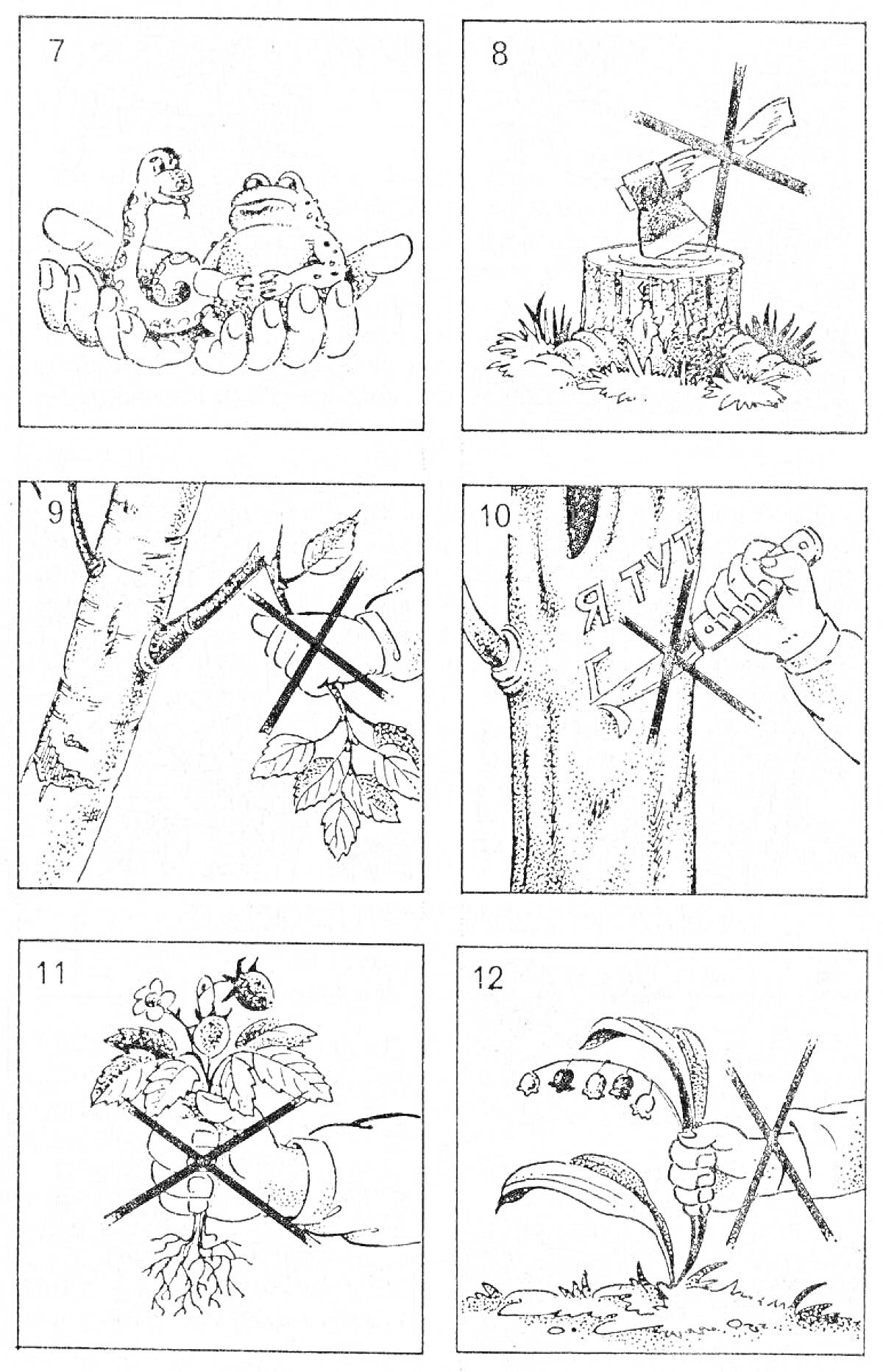 Раскраска Берегите природу (рука с червяком и лягушкой, пень с топором, ветка дерева, вырезание надписи на дереве, вырывание растения с корнем, срывание цветов)