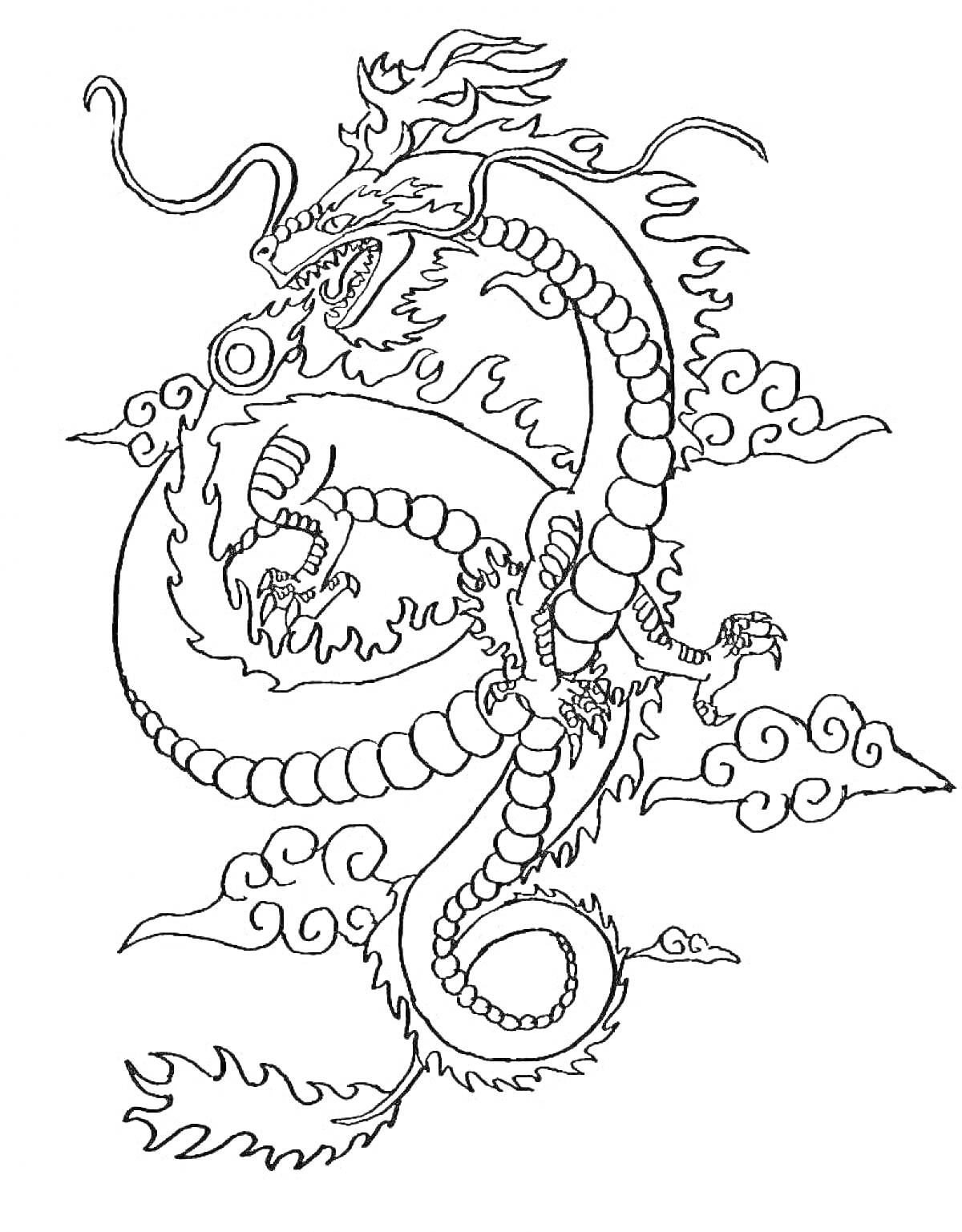 На раскраске изображено: Китайский дракон, Облака, Пламя, Мифология, Восток, Фэнтези, Фантастические существа