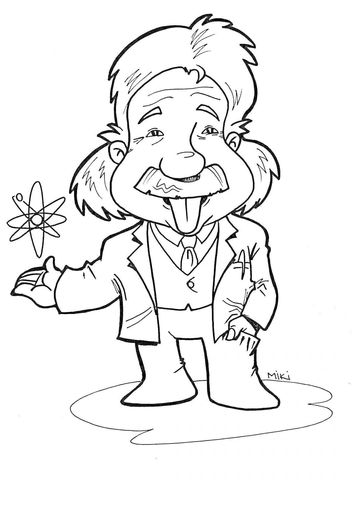 Раскраска Человек в костюме с высунутым языком, держащий атомную модель