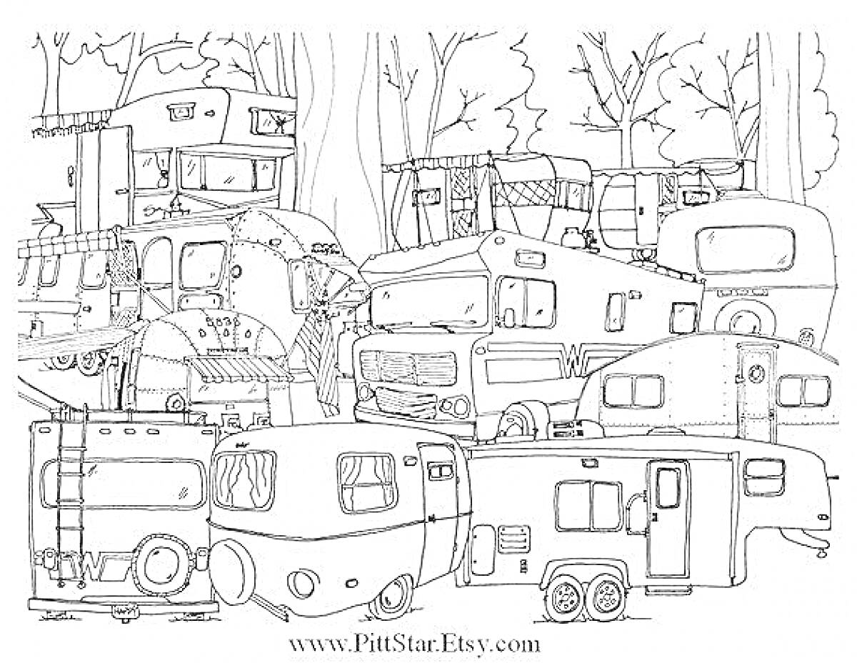 Раскраска Караваны и автодома в лесу