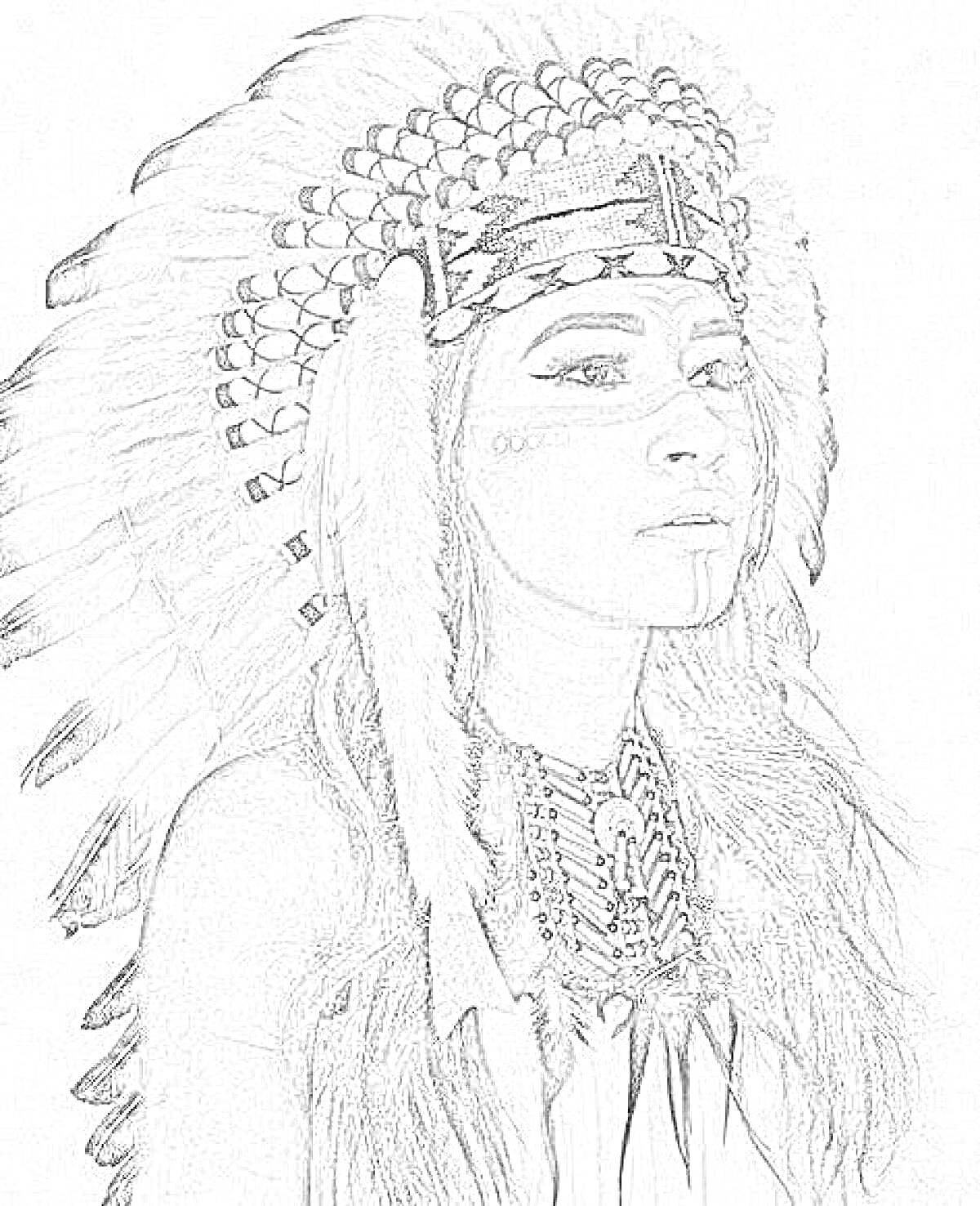 На раскраске изображено: Индейцы, Лицо, Женщина, Перья, Головные уборы, Портреты, Традиционные костюмы
