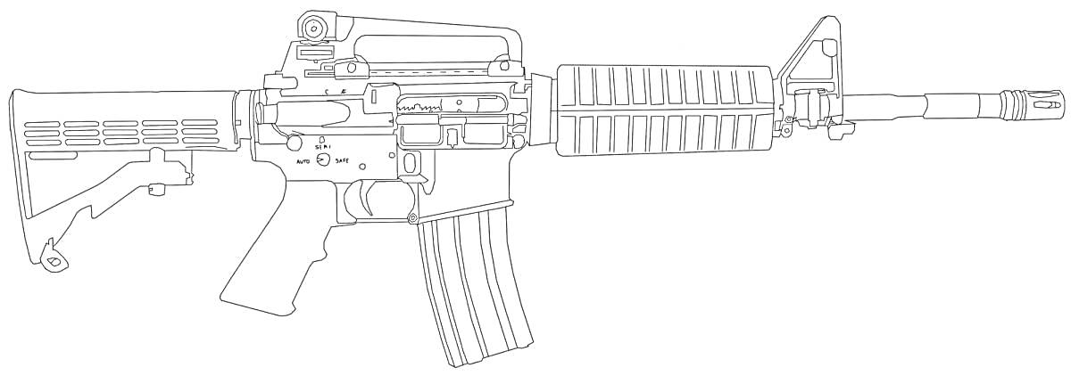 Винтовка М4 с телескопическим прикладом, магазином, сошкой, направляющей для прицела, и мушкой