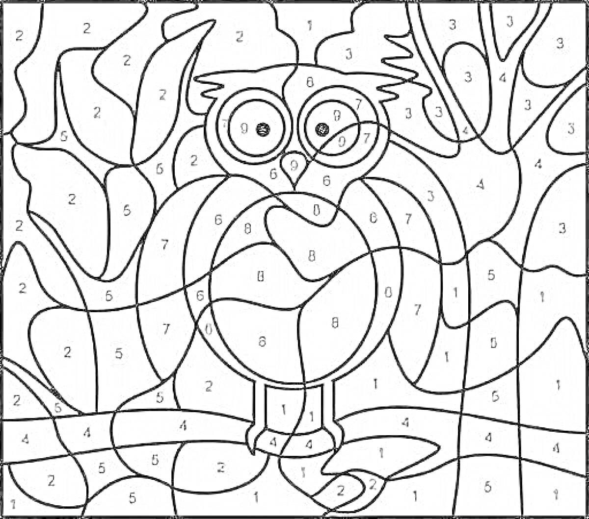 Раскраска Раскраска по номерам с изображением совы на ветке, с листьями и облаками на заднем плане