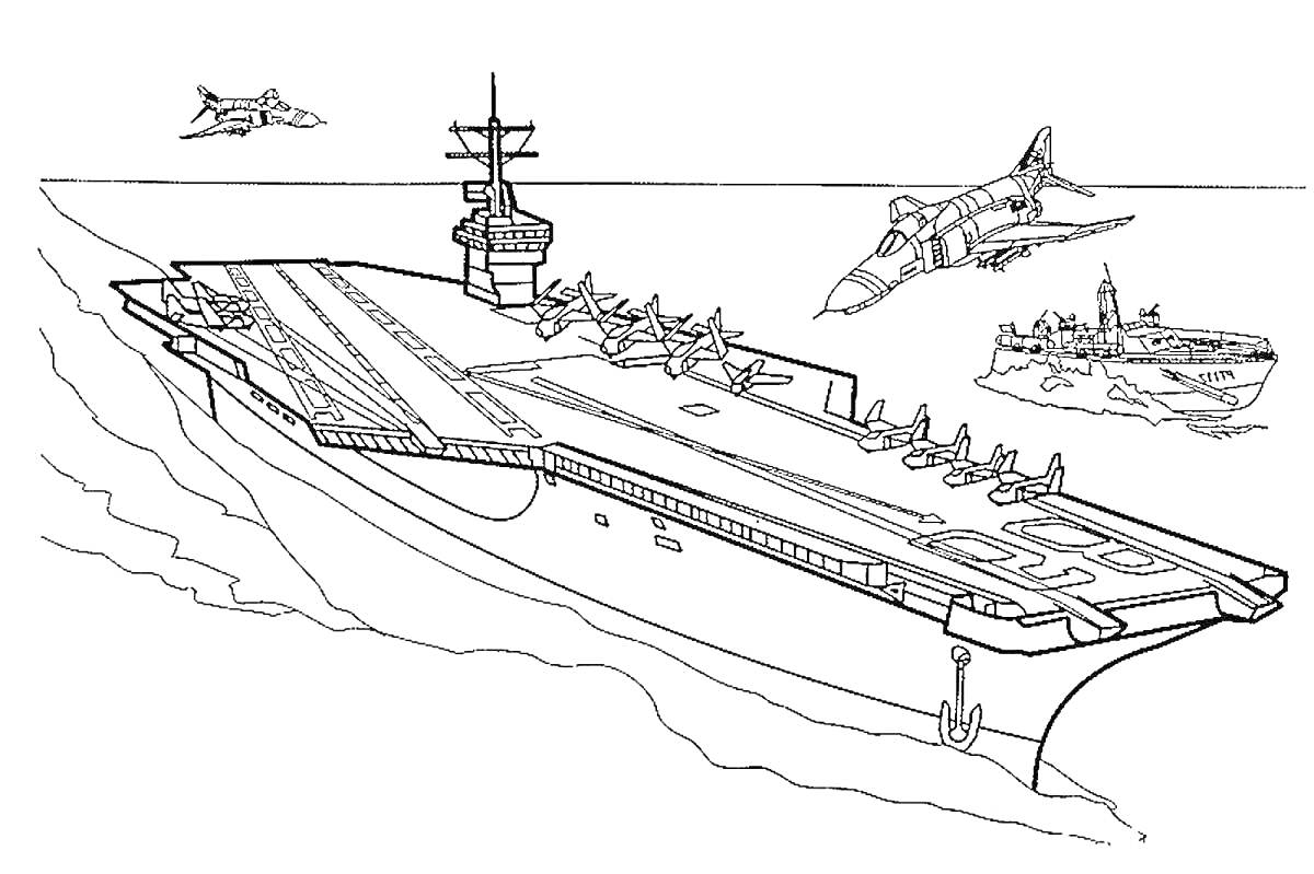 На раскраске изображено: Самолеты, Море, Корабль, Военный корабль, Авиация
