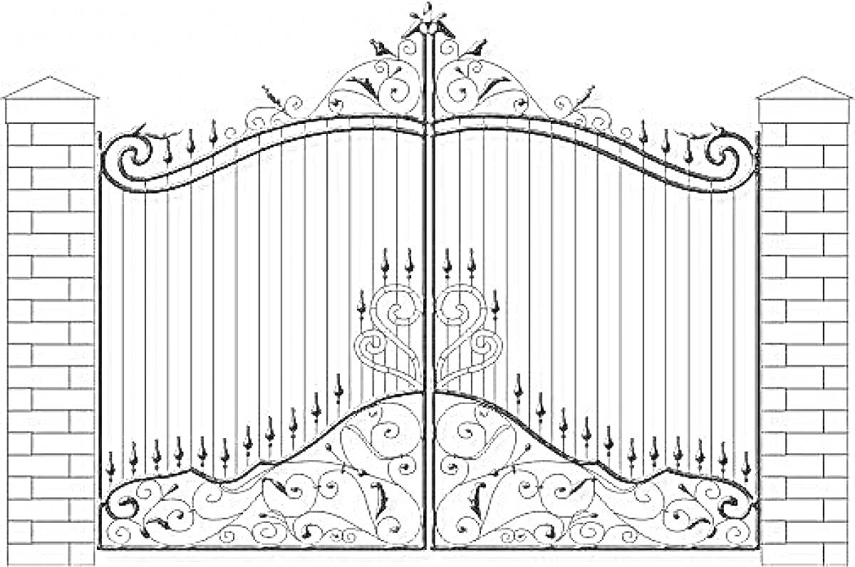 Ворота с кирпичными столбами, коваными элементами и растительным орнаментом