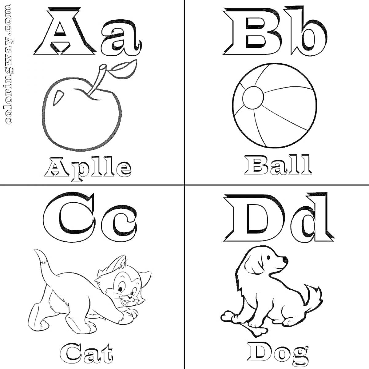 Раскраска буквы английского алфавита с картинками яблока, мяча, кота и собаки