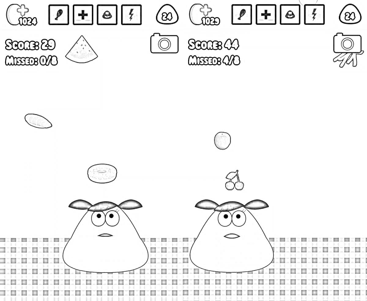 Раскраска Два персонажа Pou на клетчатом фоне, ловящие падающие фрукты.