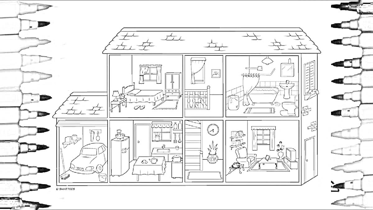 Раскраска Кукла ЛОЛ в домике с автомобильным гаражом, спальней, ванной комнатой, кухней, лестницей, столовой, гостиной, окнами и дверями