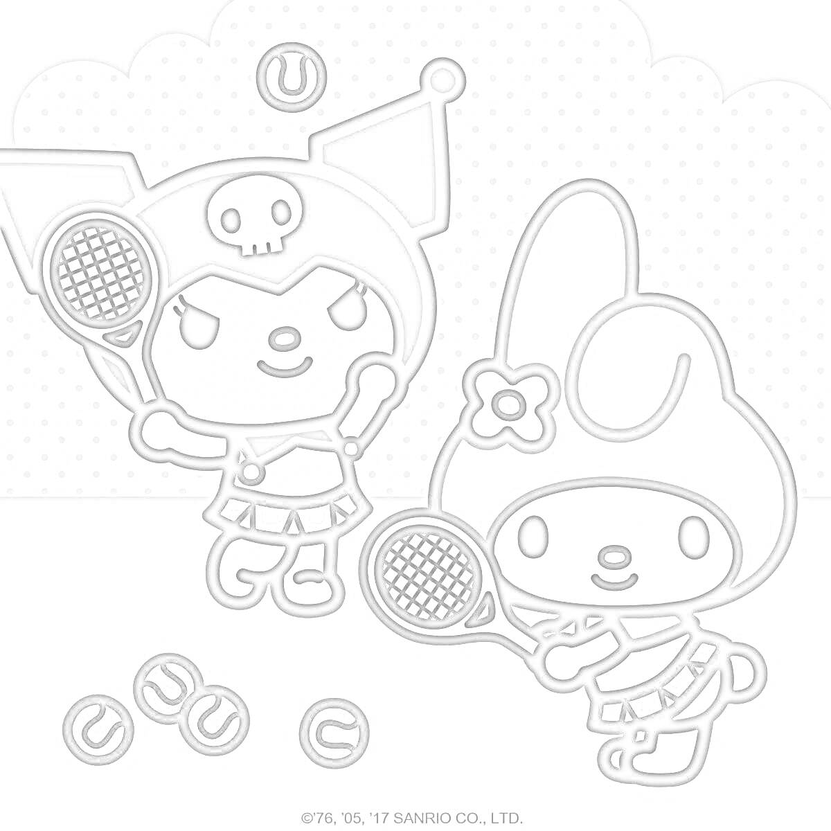 Раскраска Персонажи Санрио играют в теннис, два персонажа с ракетками, теннисные мячи на земле