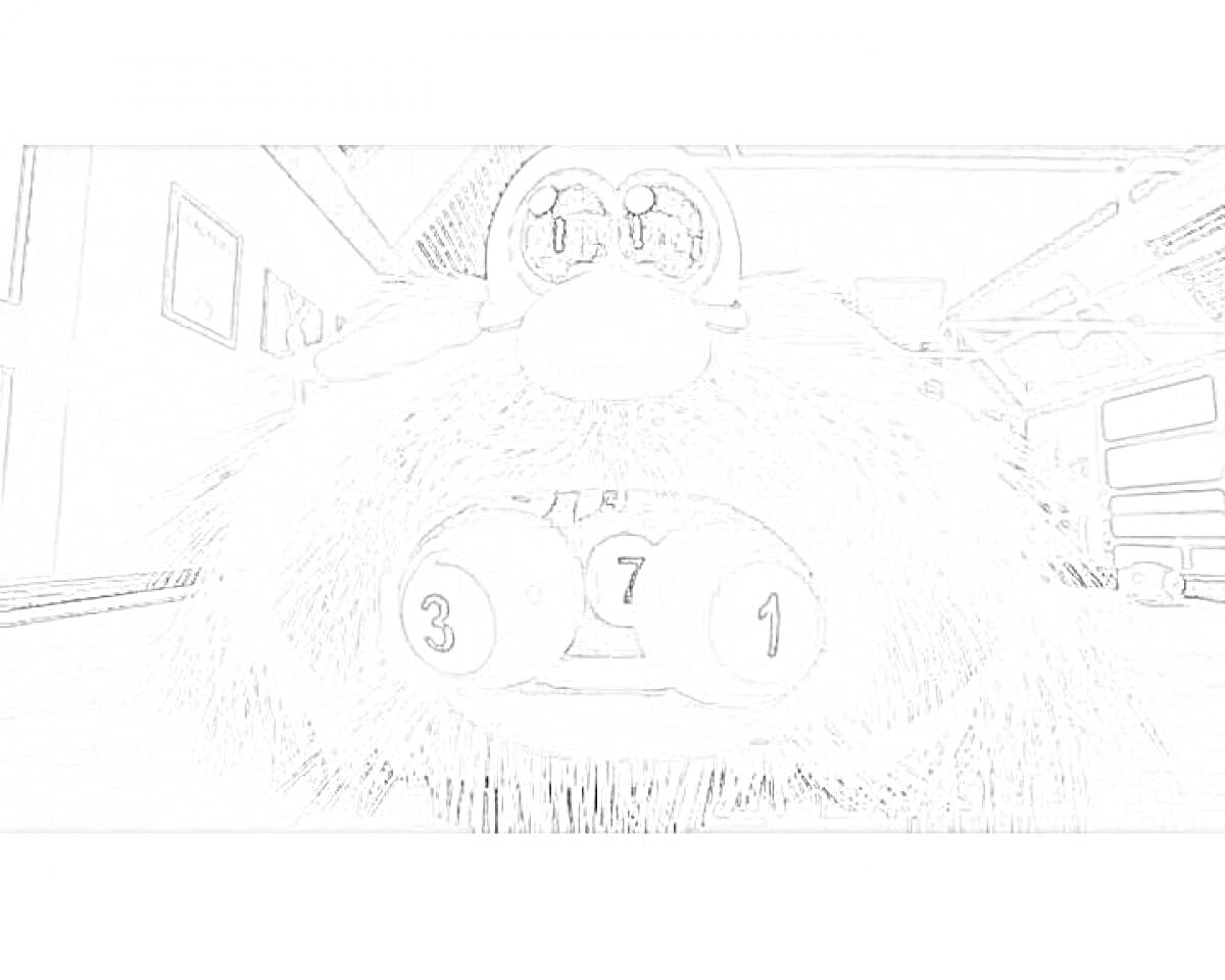 Лицо персонажа Буба с шарами для бильярда 3, 7 и 1 на лице в помещении