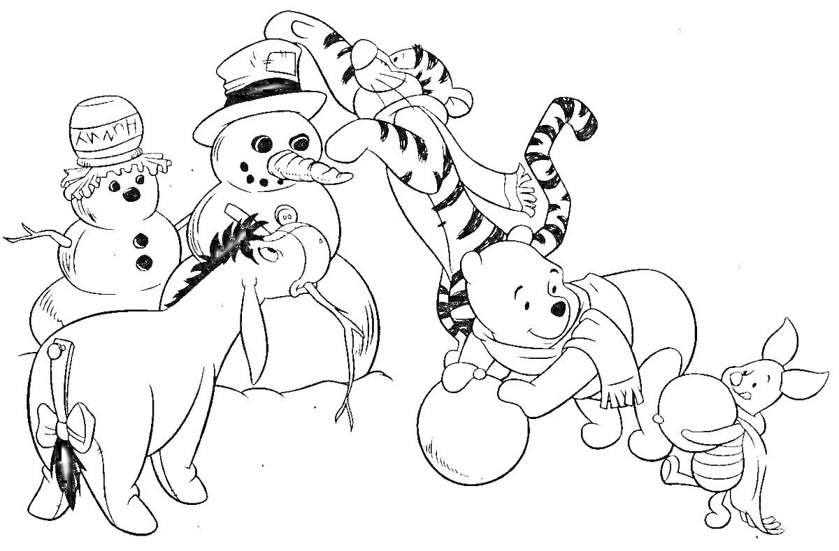 Раскраска Винни-Пух и его друзья с двумя снеговиками на Новый Год