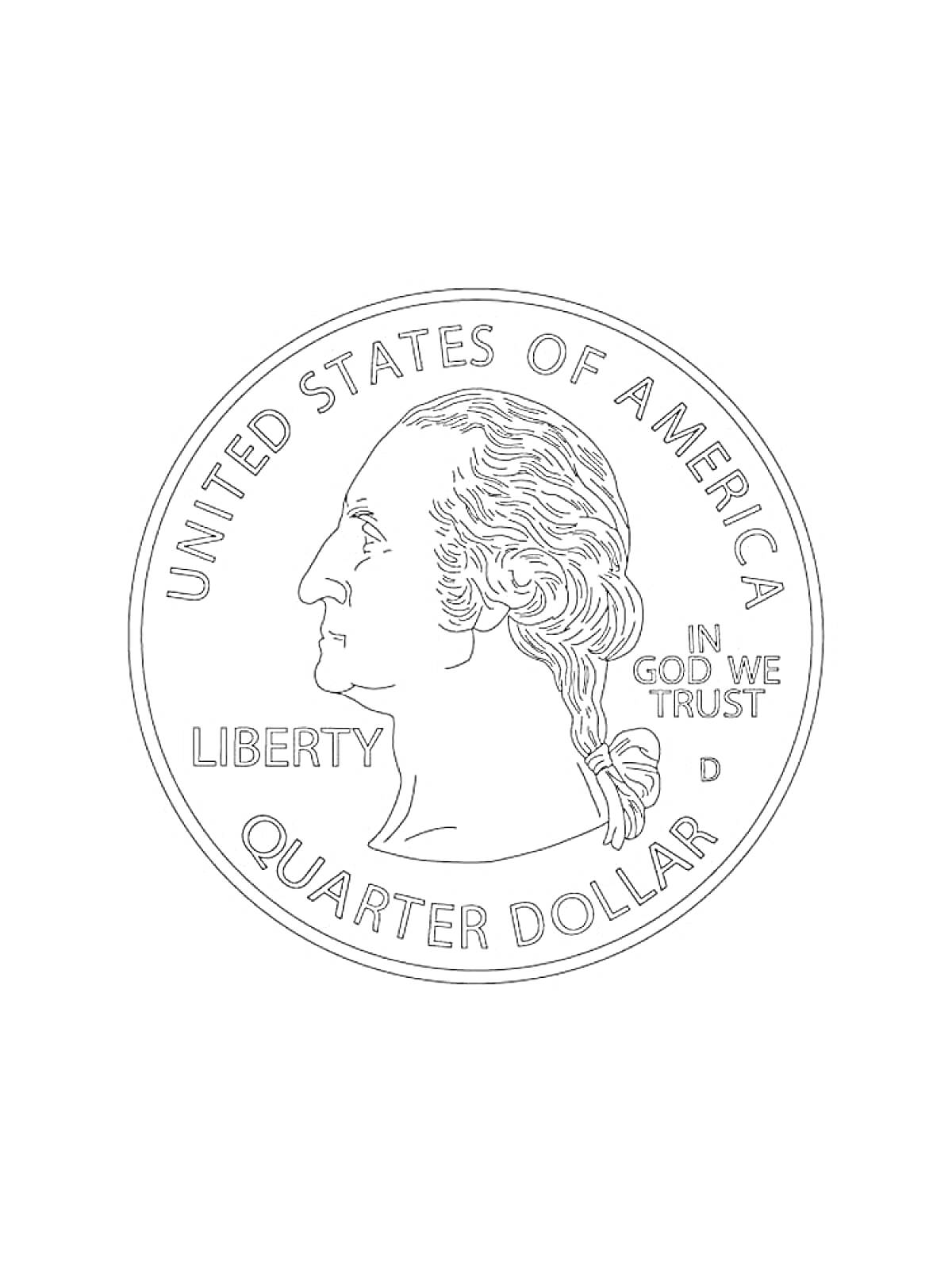 На раскраске изображено: США, Доллар, Монеты, Надпись, Круги, Портреты