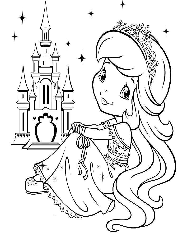 На раскраске изображено: Шарлотта Земляничка, Принцесса, Замок, Звезды, Из сказок, Для детей, Корона, Платье, Длинные волосы