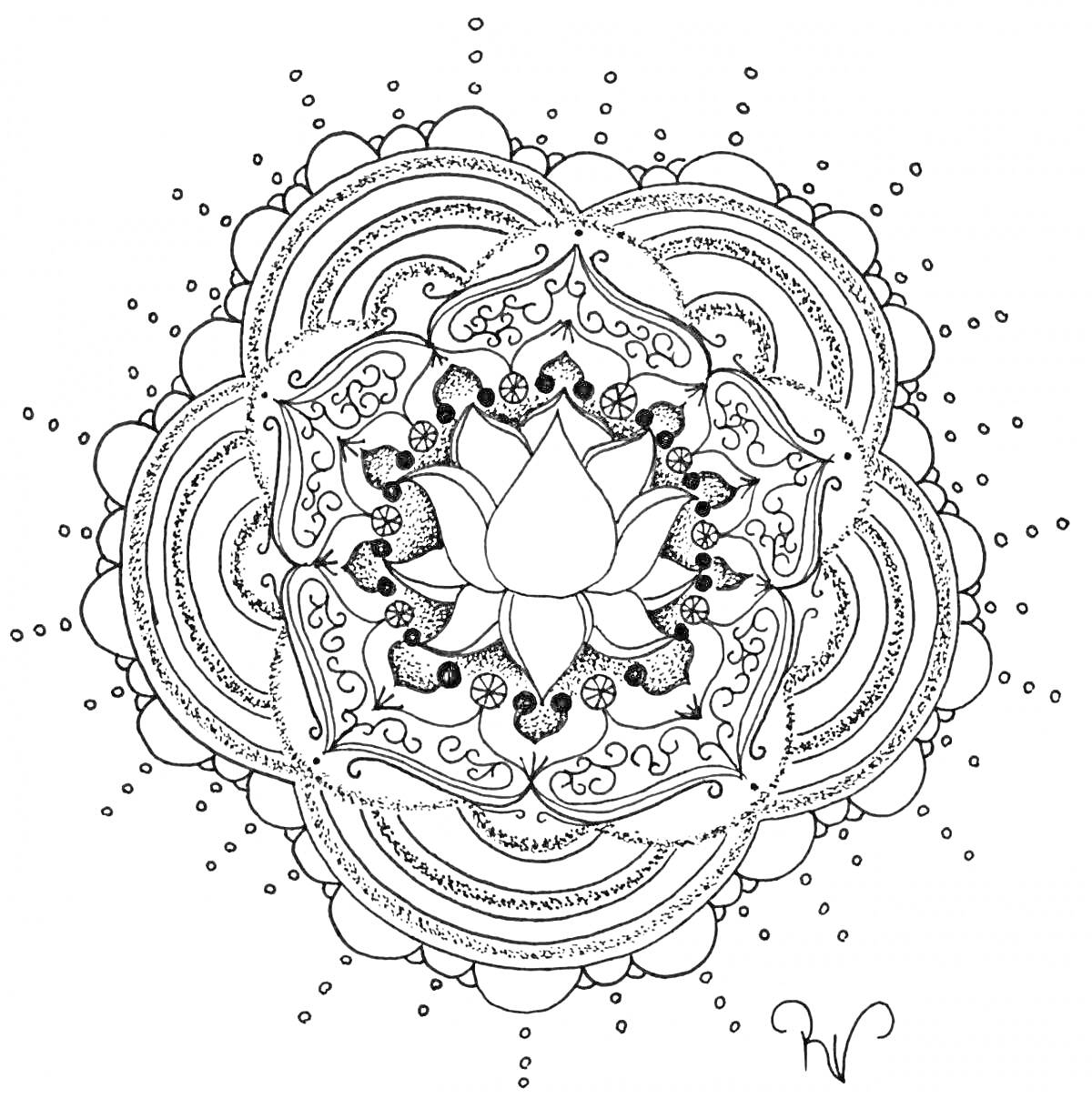 Раскраска Лотос в центре мандалы с орнаментами и точечными узорами