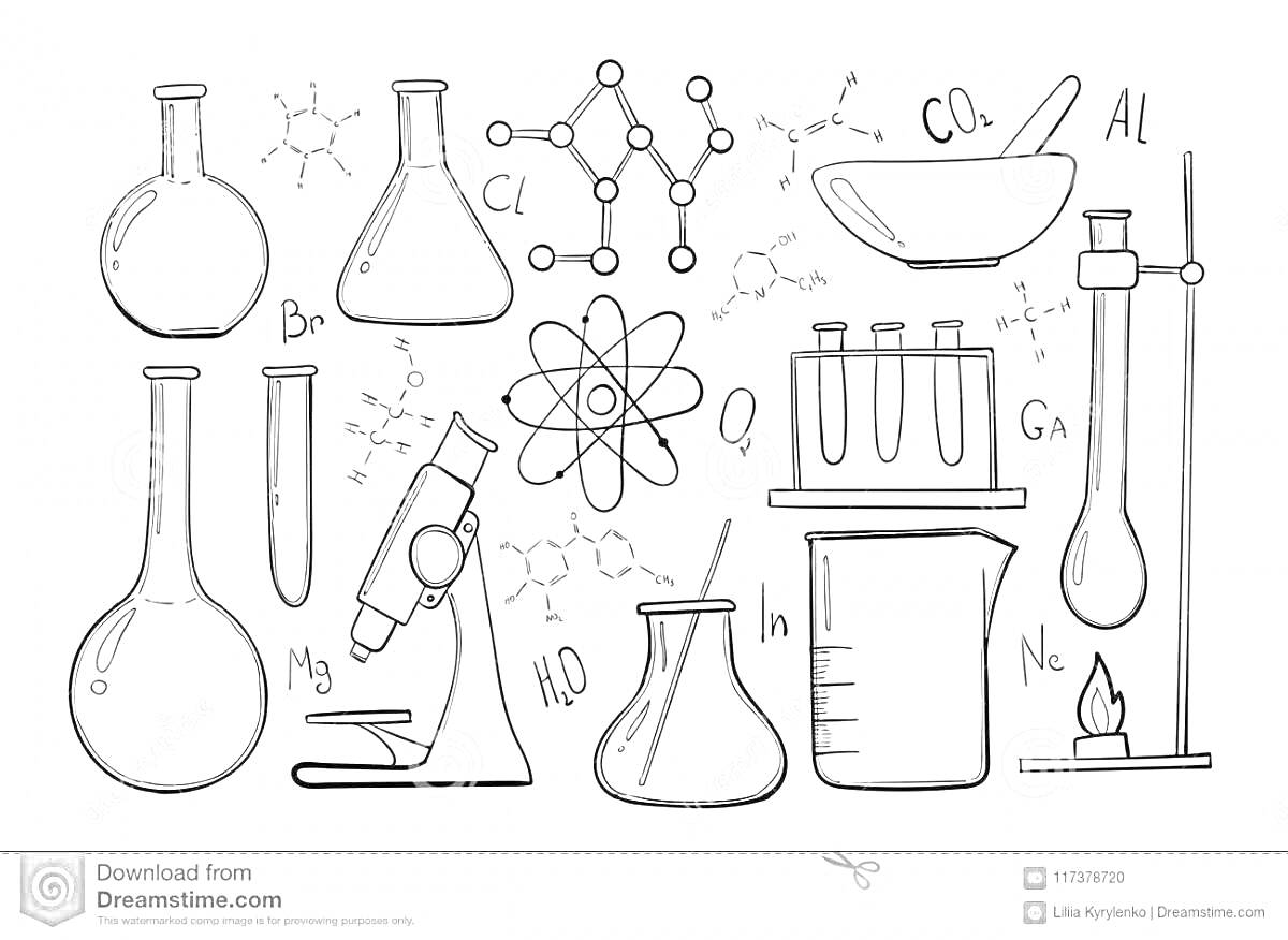 Раскраска Химические приборы и элементы: колбы, пробирка, молекула, атом, микроскоп, пипетка, пробирка, колба с кипящей жидкостью, соединения и элементы (Cl, Br, Al, CO2, Ga, Mg, H2O, Ne)
